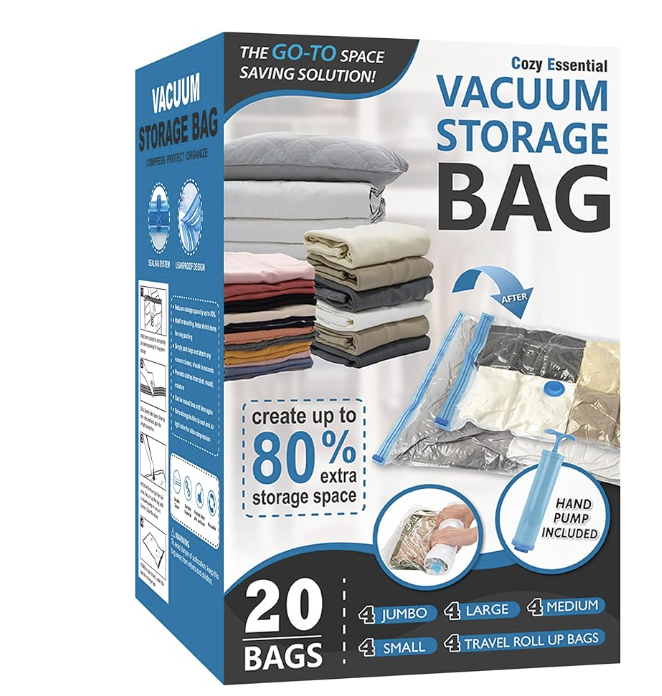 Labeled vacuum storage bags arranged beneath a bed