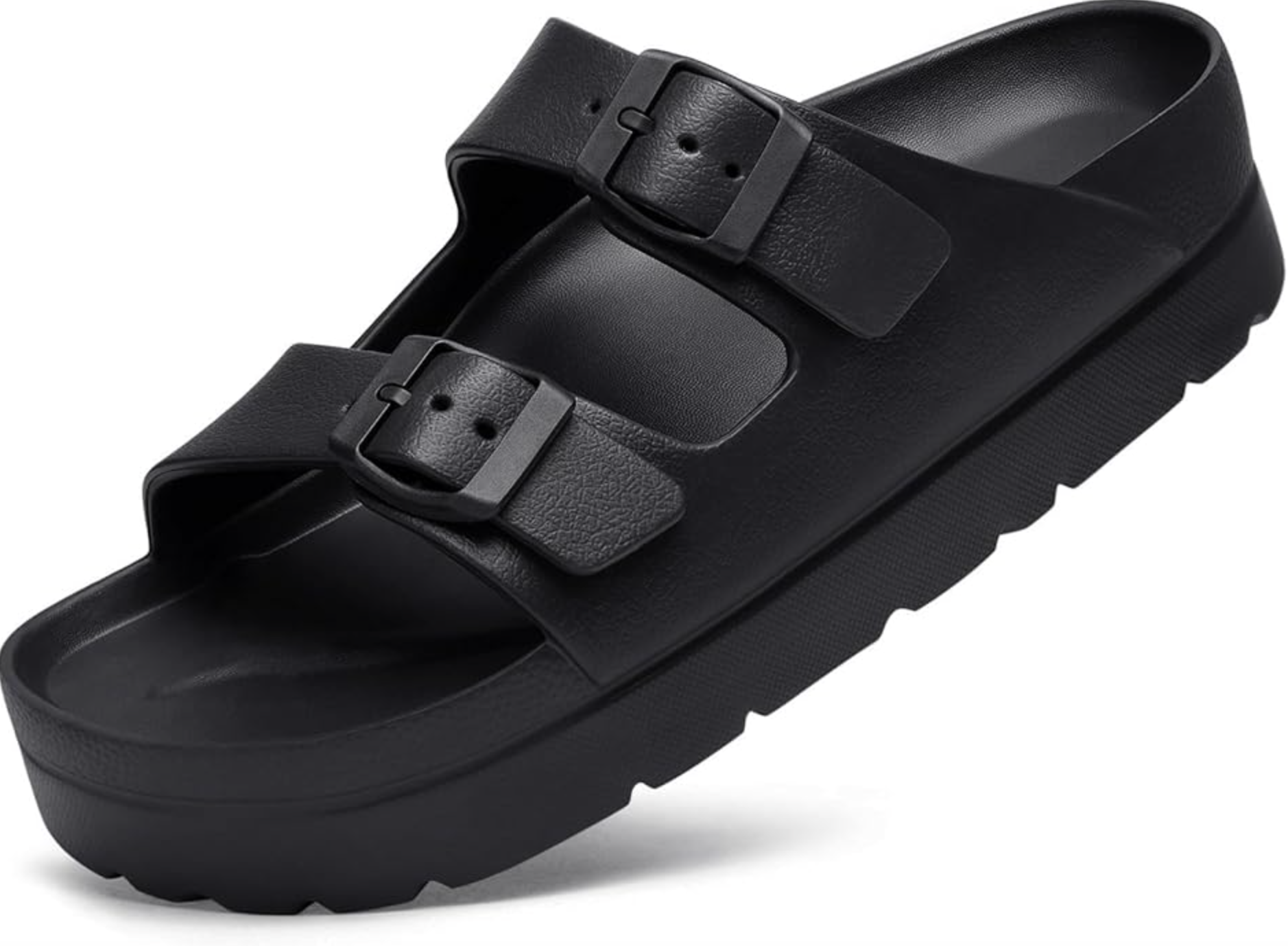 Close-up view of a black double-strap slide sandal with matching black adjustable buckles and a supportive, contoured comfort footbed.