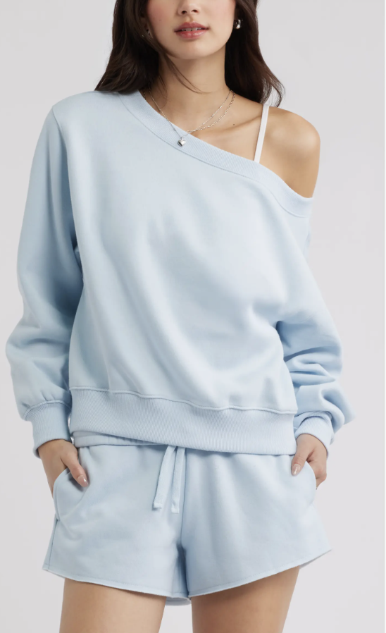 Alt text: BP off-the-shoulder fleece sweatshirt from Nordstrom