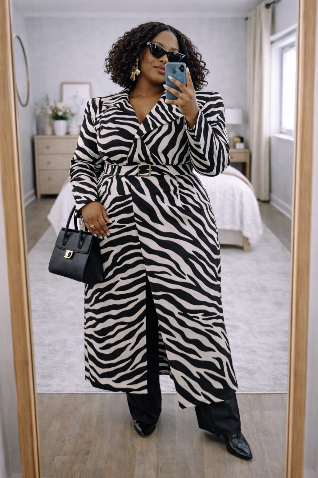 A woman taking a mirror selfie wearing a long zebra-print duster coat with a matching belt, styled with a black handbag, gold statement earrings, and black sunglasses.
