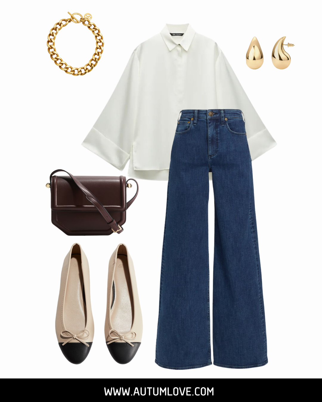A flat-lay of high-waisted wide-leg jeans paired with a white button-down shirt and ballet flats, illustrating how to balance a midsection with volume at the hem.