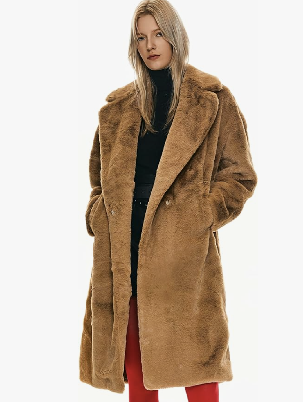 A product shot of a brown Amazon Fuzzy Fleece Winter Jacket, an editor-recommended layer for adding texture and warmth to a classic t-shirt and wide-leg jeans outfit.