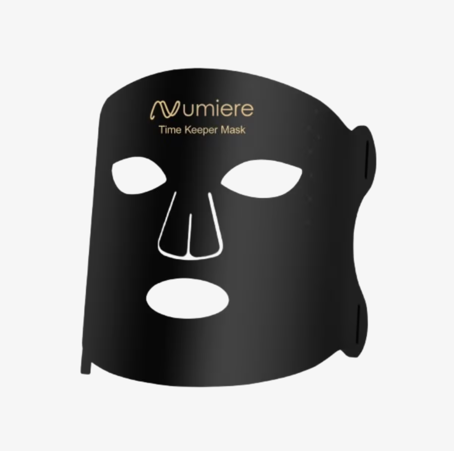 The LuminaNRG Numiere TimeKeeper LED Face Mask in black, an anti-aging red light therapy treatment used to stimulate collagen and sculpt skin overnight.