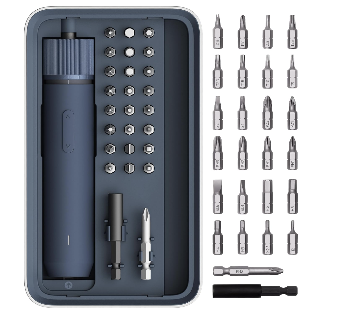 HOTO 25-piece precision electric screwdriver set in a blue storage case alongside assorted driver bits.
