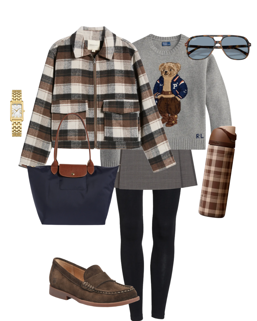 Flat lay layout featuring a plaid mini skirt and leggings paired with a plaid shirt, grey graphic sweatshirt, brown loafers, navy bag, sunglasses, and a water bottle.