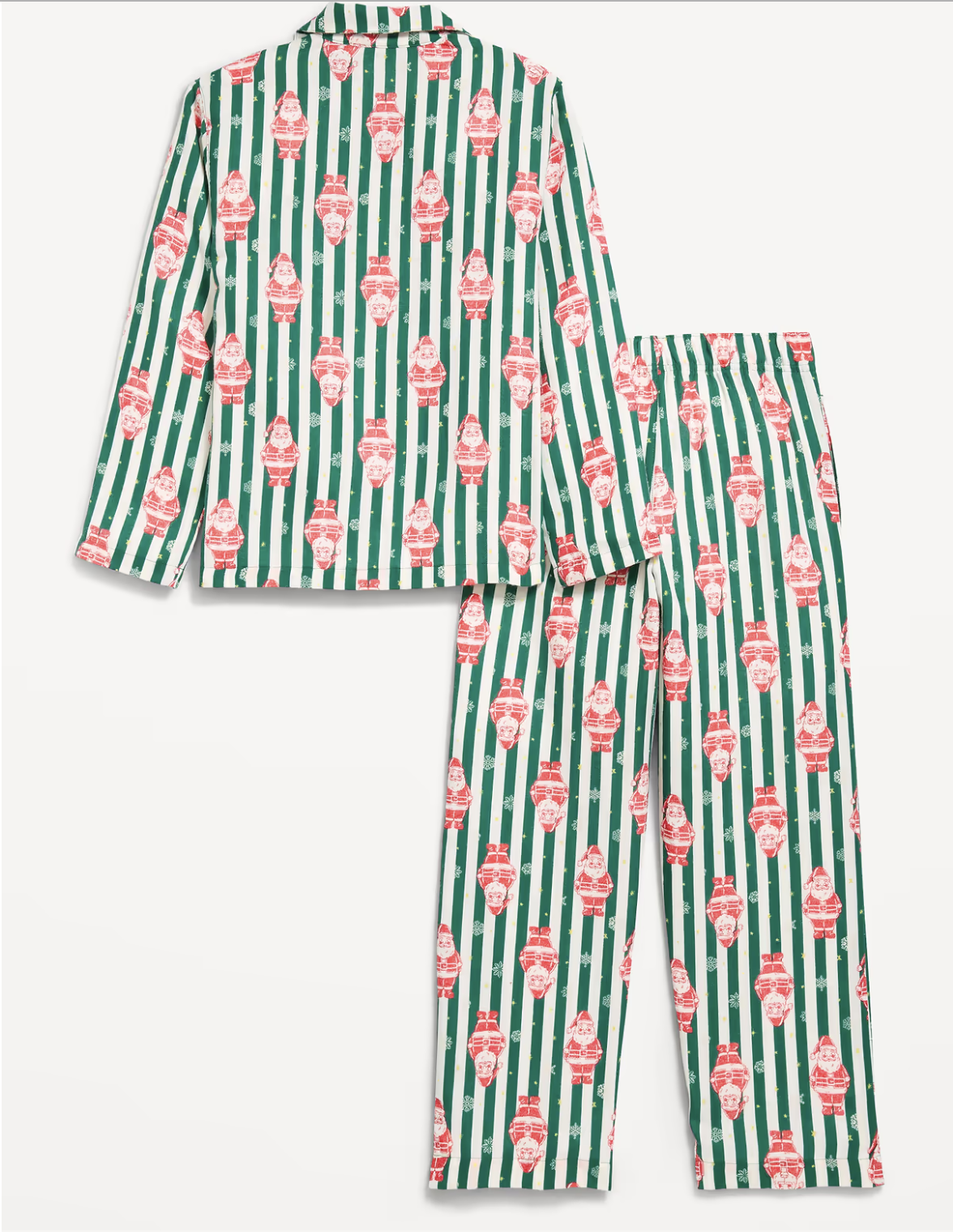 Old Navy kids' gender-neutral flannel pajama set with a green and white stripe and Santa print, a collared button-front top and pants