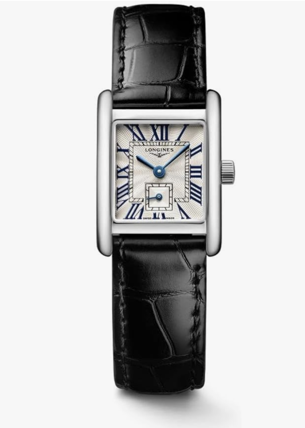 A Longines Mini DolceVita women's quartz watch featuring a rectangular silver flinqué dial, Roman numeral markers, blue steel hands, and a black alligator leather strap.