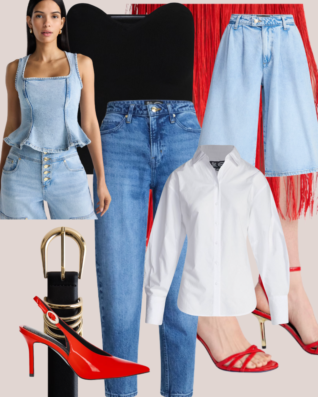 A collage of the Devil Wears Prada x Walmart Scoop collection featuring a red trench coat, tailored black blazer, red pointed-toe pumps, and light-wash denim.