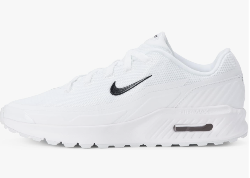 A side-profile view of a white Nike Women's Air Max Bia shoe featuring a black Nike swoosh and a visible Max Air cushioning unit in the heel.