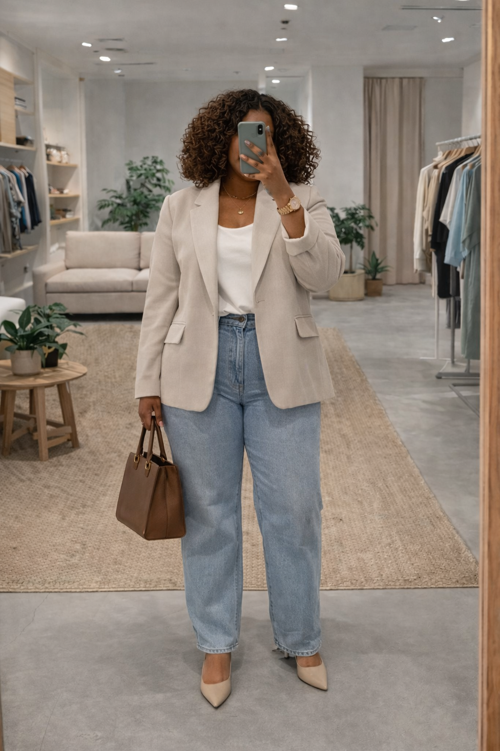 A woman wearing an oversized beige blazer with a white t-shirt and light-wash denim, carrying a brown leather handbag and wearing clean, polished shoes.