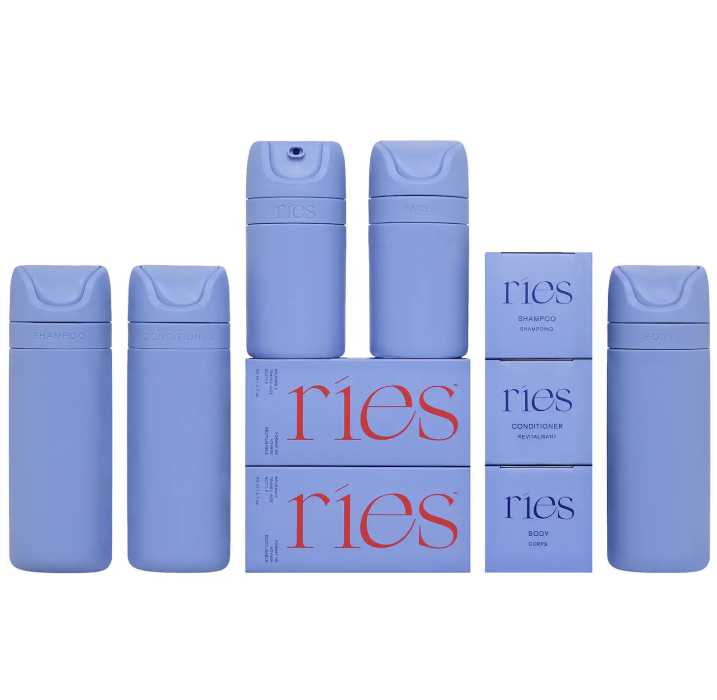 RIES Essential Refillable Travel Containers in a periwinkle blue color, featuring a patented leak-proof pump design for sustainably carrying luxury skincare and hair products while traveling.