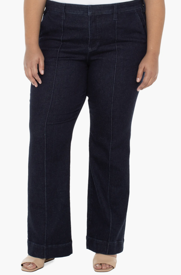 Liverpool Los Angeles Pintuck Bootcut Jeans featuring a slimming front seam and high-waisted support for apron belly coverage.