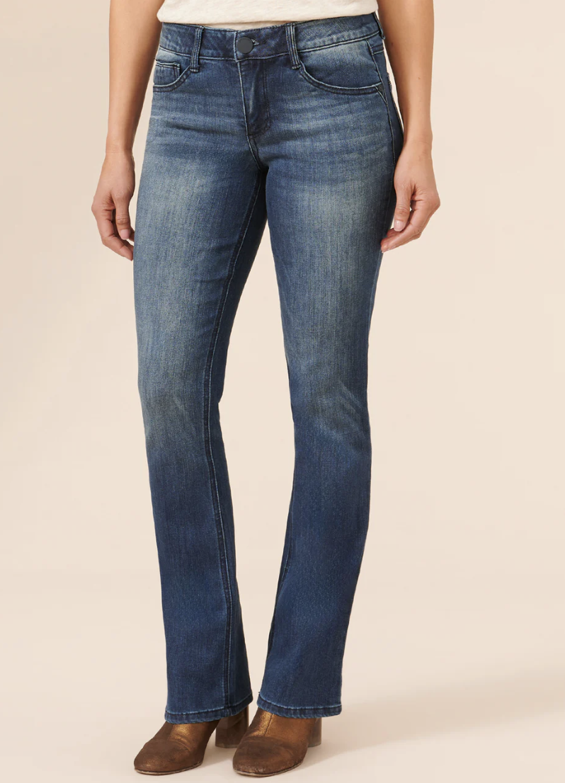 woman wearing medium wash [Democracy "Ab"solution Itty Bitty Bootcut Blue Jeans