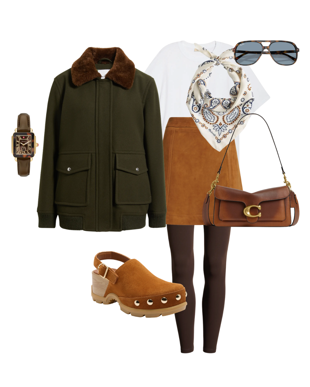 Flat lay layout featuring a tan suede mini skirt and dark leggings paired with an olive green fur-collar jacket, white t-shirt, brown suede clogs, silk neck scarf, leather handbag, and watch.