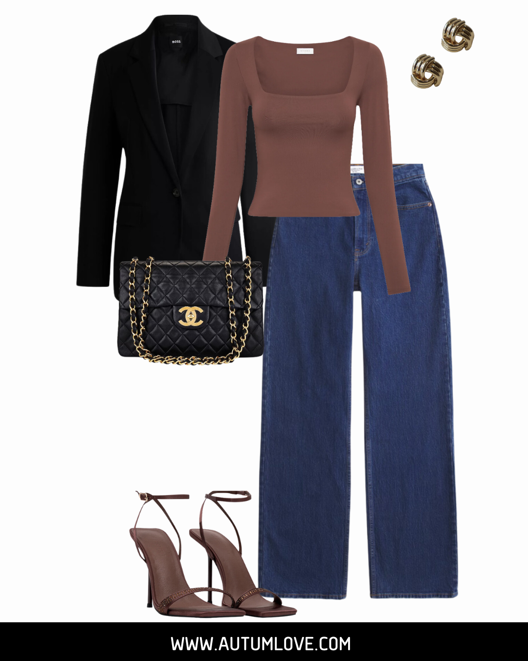 A polished outfit featuring high-waisted navy trousers, a brown top, and a black quilted handbag, demonstrating how tailored structure and a high-rise fit can conceal a bigger stomach.