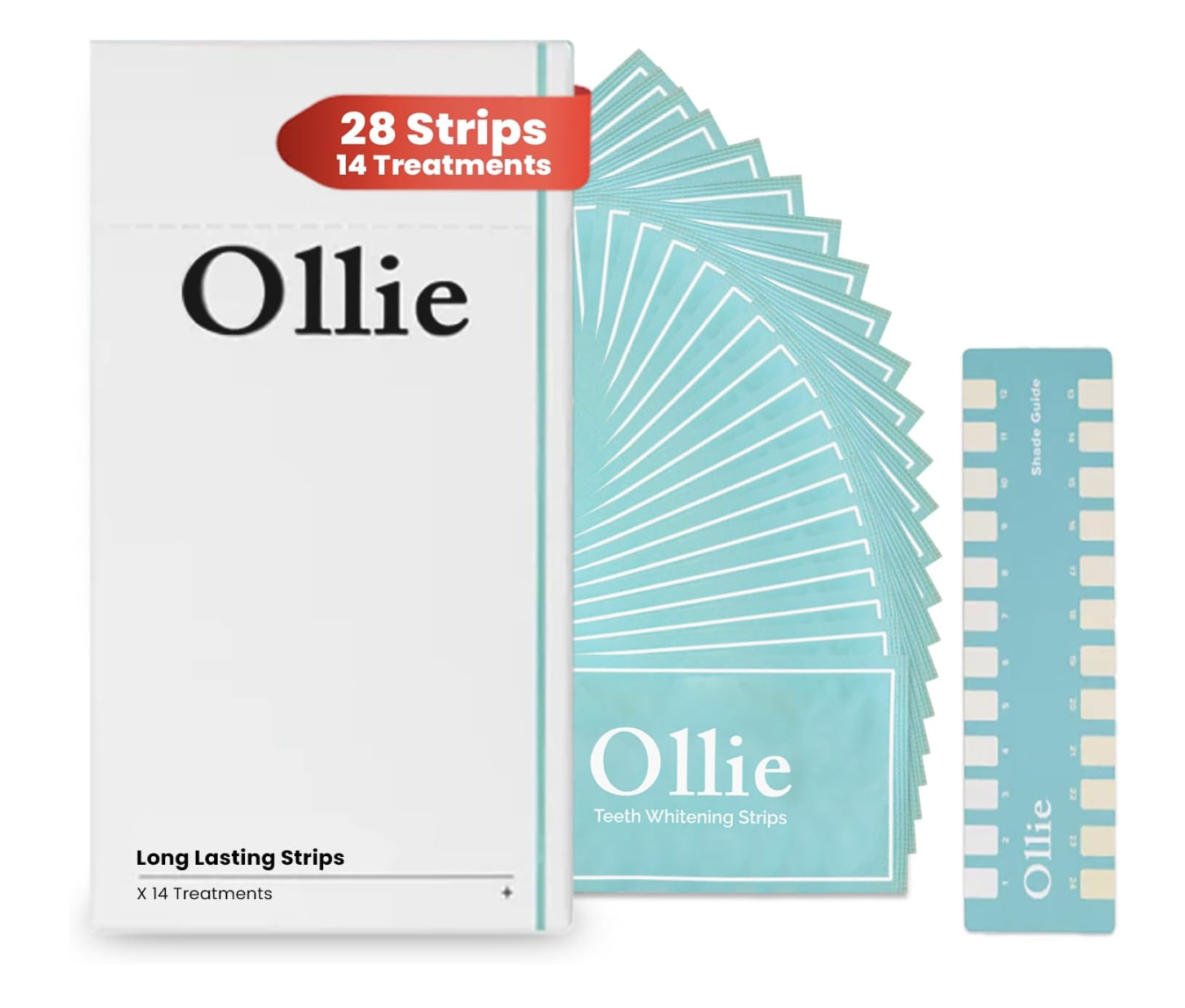 Box and individual packets of Ollie Long Lasting Teeth Whitening Strips featuring 28 strips for 14 treatments in a light teal and white design.