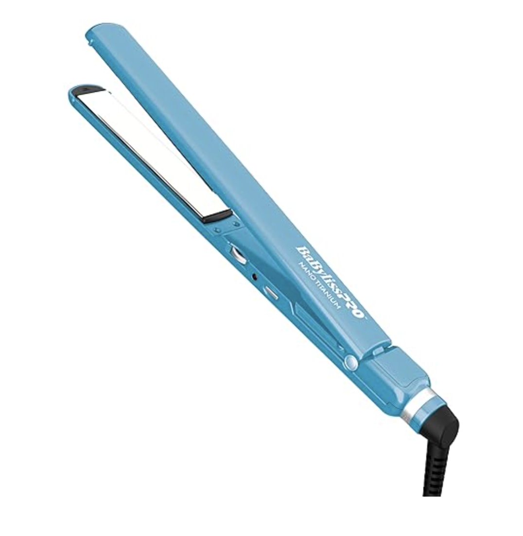 A slim, light blue BaBylissPRO Nano Titanium hair straightener with extra-long plates, shown at an angle against a clean white background.