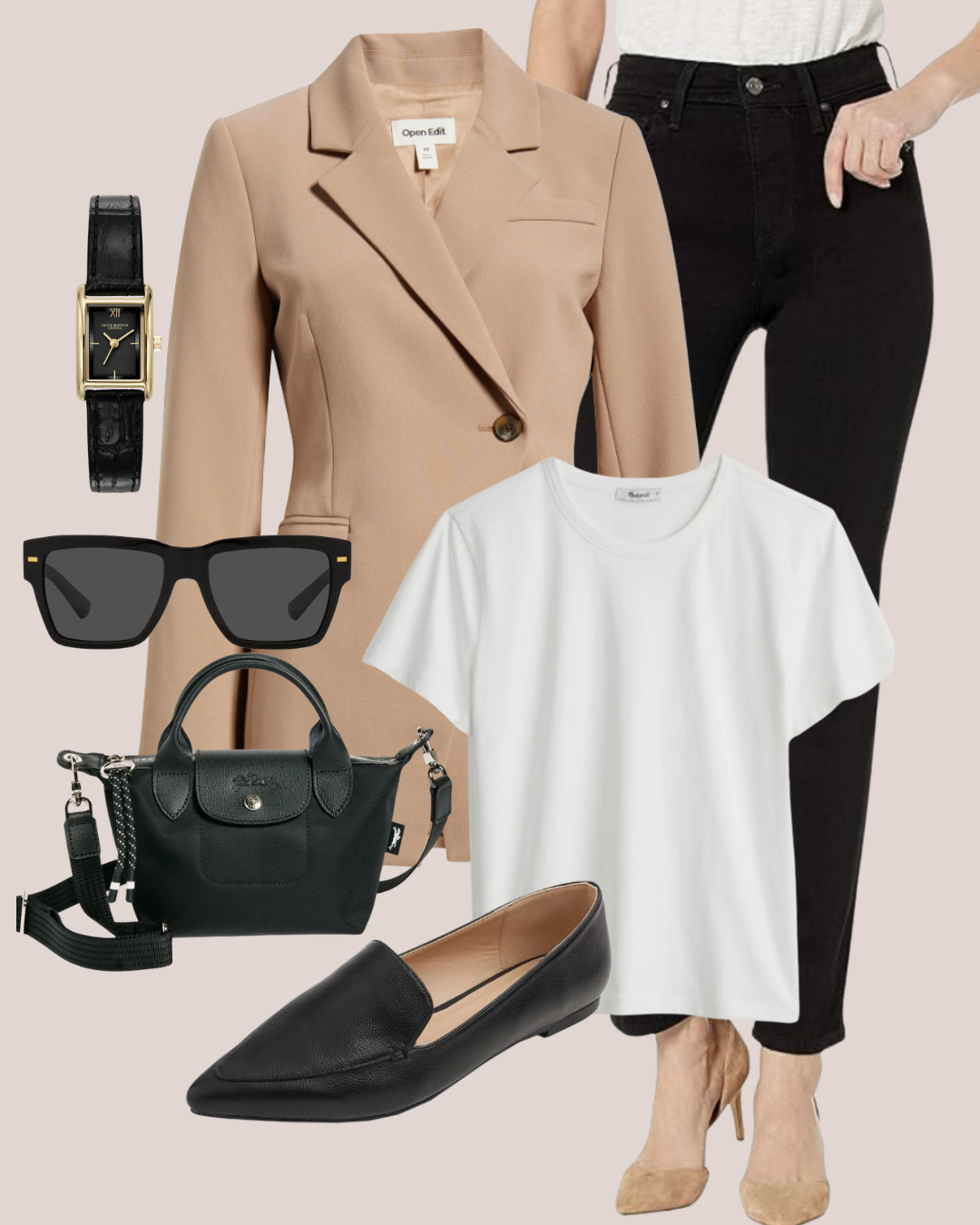 A curated flat lay of women's wardrobe staples including a black Longchamp Le Pliage bag, black pointed-toe loafers, a white crewneck t-shirt, and a tan structured blazer.