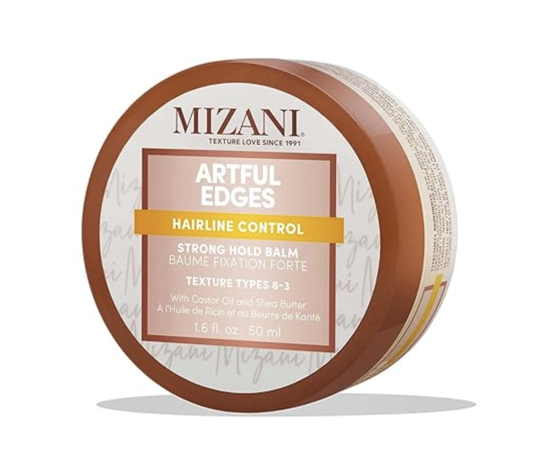 A round copper-colored jar of Mizani Artful Edges Hairline Control Gel with a white and gold label.