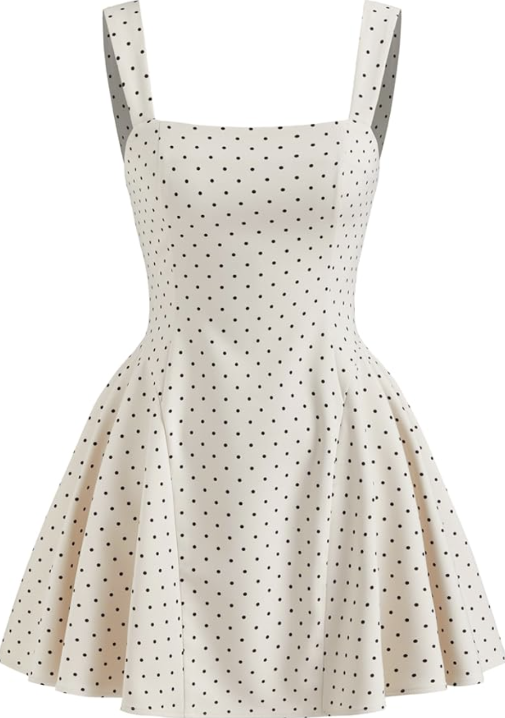 A white fit-and-flare mini dress with small black polka dots, featuring a square neckline, thick tank-style straps, and a structured waist with a matching fabric belt and round buckle.