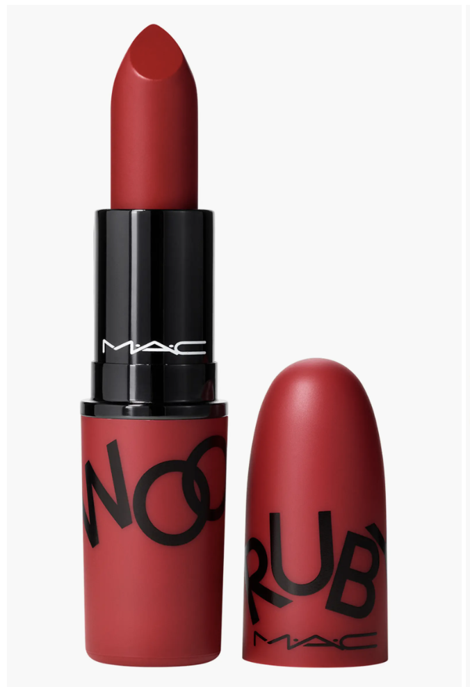 A close-up shot of a MAC Ruby Woo Retro Matte Lipstick tube and its cap, showcasing the iconic highly-pigmented, cool blue-red shade perfect for a Winter color palette.
