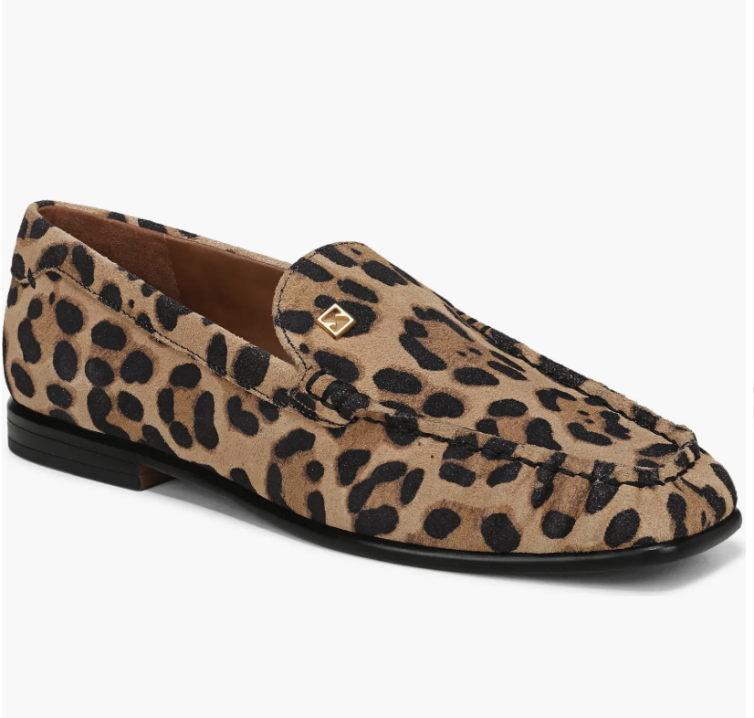 A product shot of the leopard print SARTO by Franco Sarto Lainey Loafer, an editor-recommended footwear choice for adding a polished, travel-ready energy to wide-leg jeans.