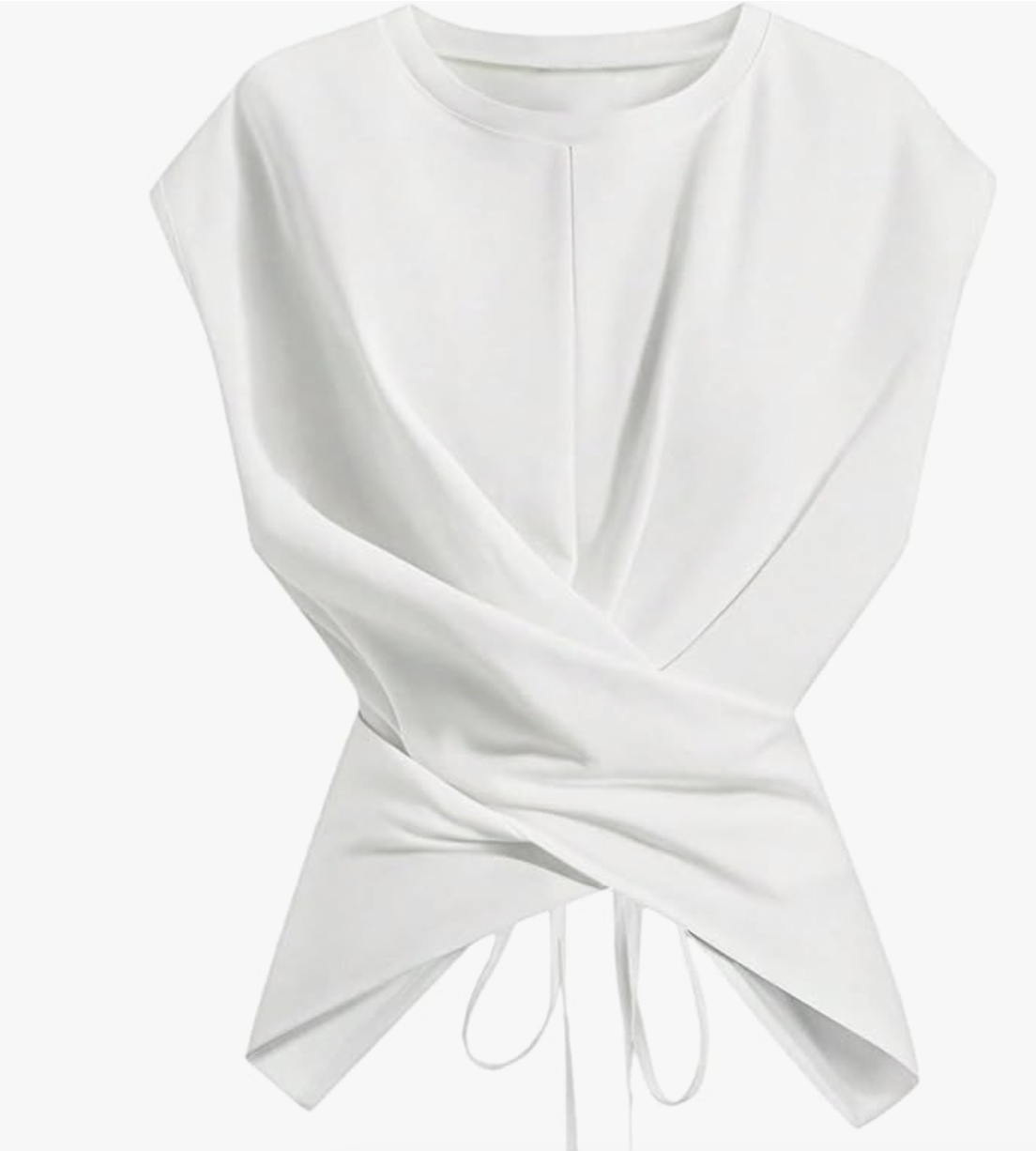 A product shot of a white short-sleeve top featuring a cinched, knotted waist detail. This piece is recommended as a flattering base layer for the "Under a Faux Fur Coat" outfit formula.