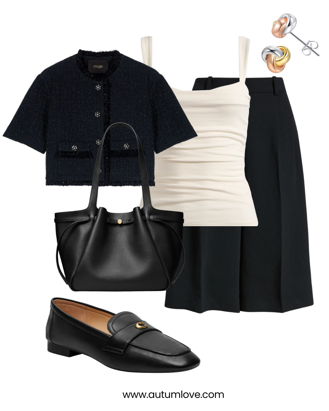 A professional flat-lay outfit featuring a cropped black tweed jacket, cream pleated trouser shorts, black leather loafers, and a black leather handbag.