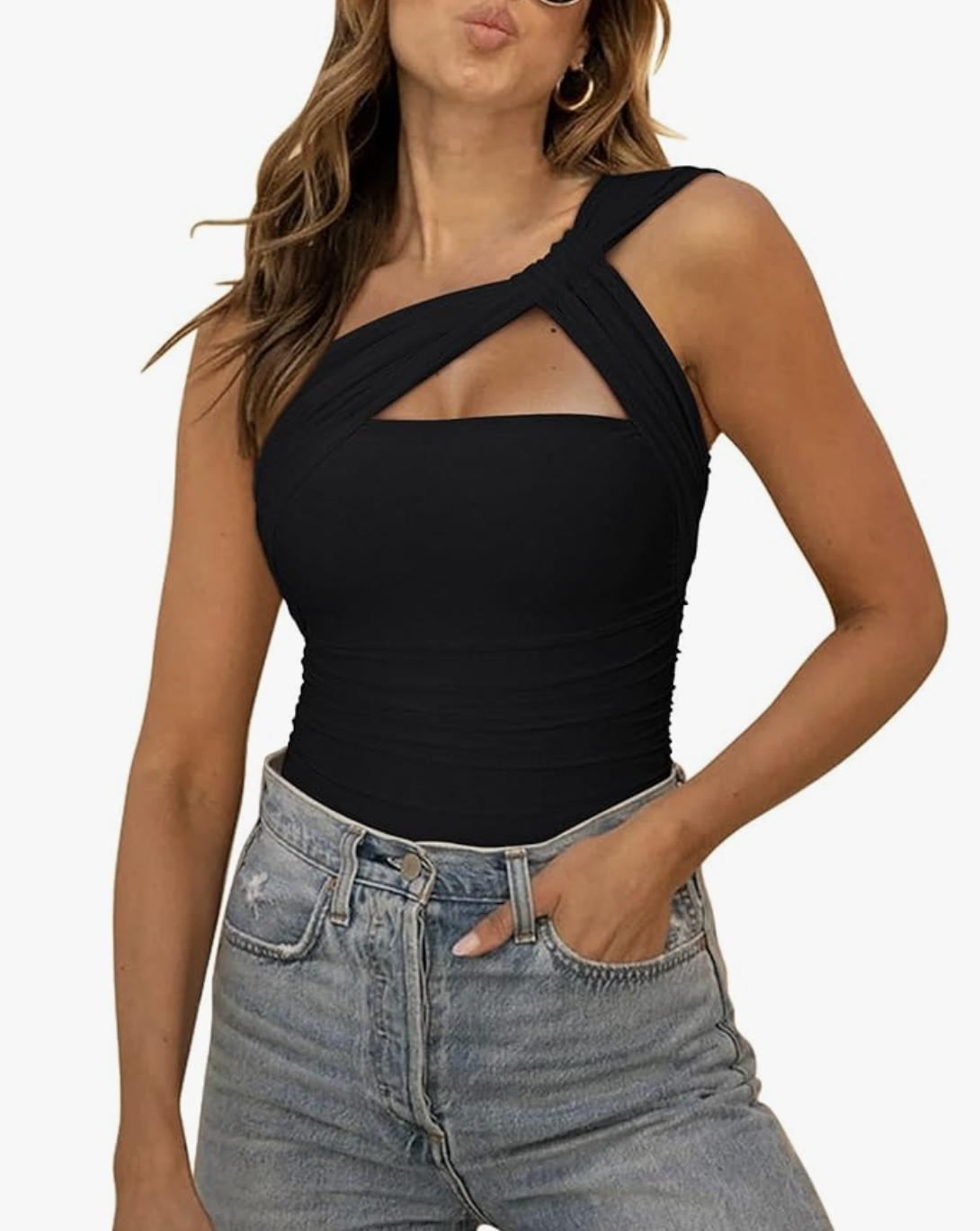 A black one shoulder asymmetrical cutout bodysuit from Amazon, styled to lift focus toward the face and create an intentional look for styling a big belly.