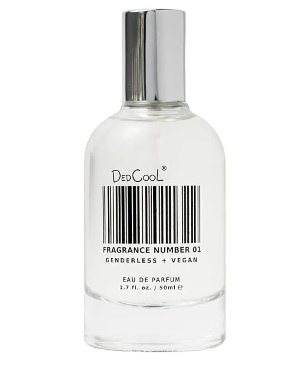 A bottle of DedCool 01 Taunt Eau de Parfum featuring a minimalist label with a large barcode design on a transparent background.