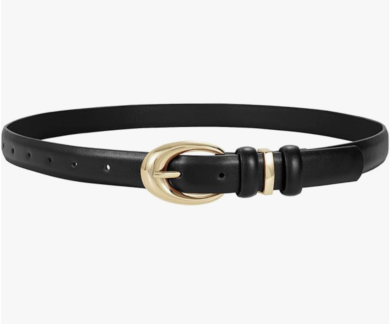 : A close-up of a black skinny faux leather dress belt featuring a polished gold-tone horseshoe-shaped buckle, a versatile accessory for a women's spring capsule wardrobe.