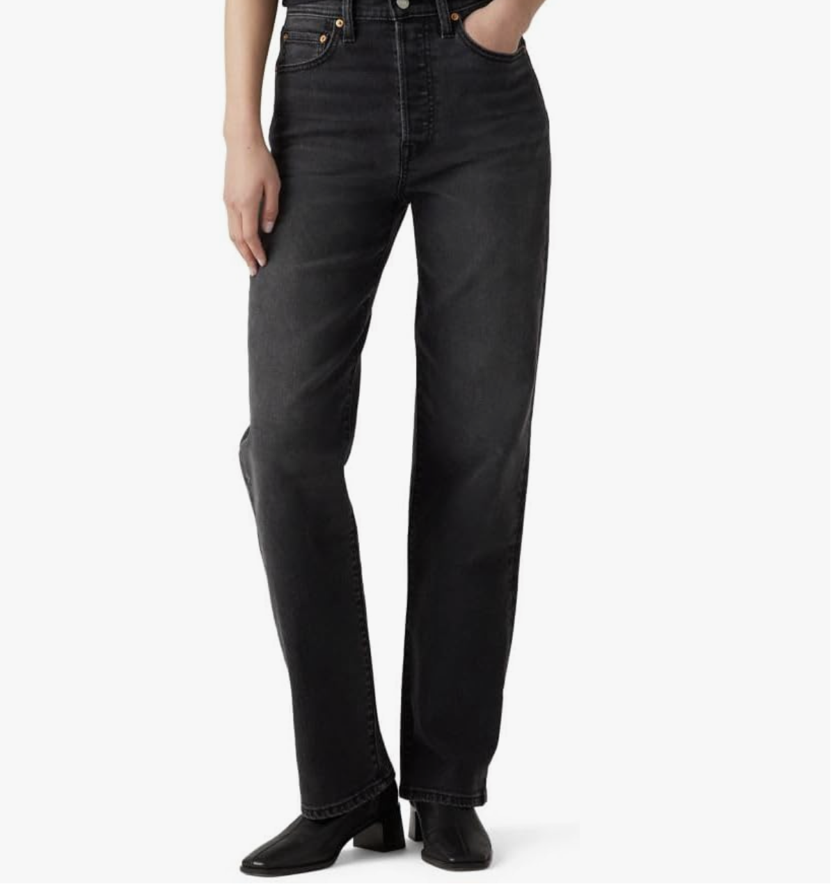 A woman wearing Levi's Ribcage Straight Ankle Jeans in a washed black denim, showing the high-waisted fit and straight leg.