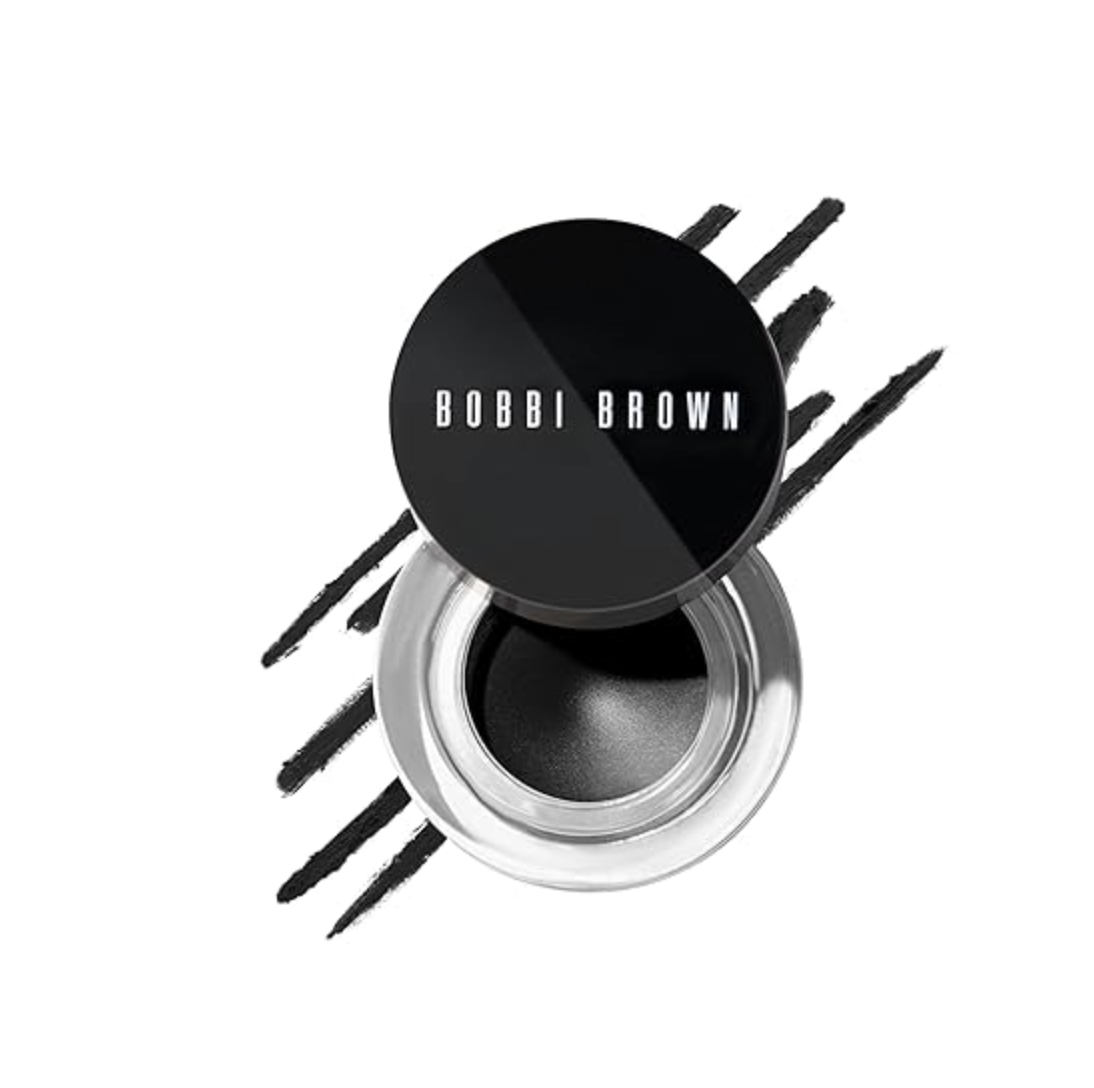 A pot of Bobbi Brown Long-Wear Gel Eyeliner alongside a professional angled eyeliner brush.