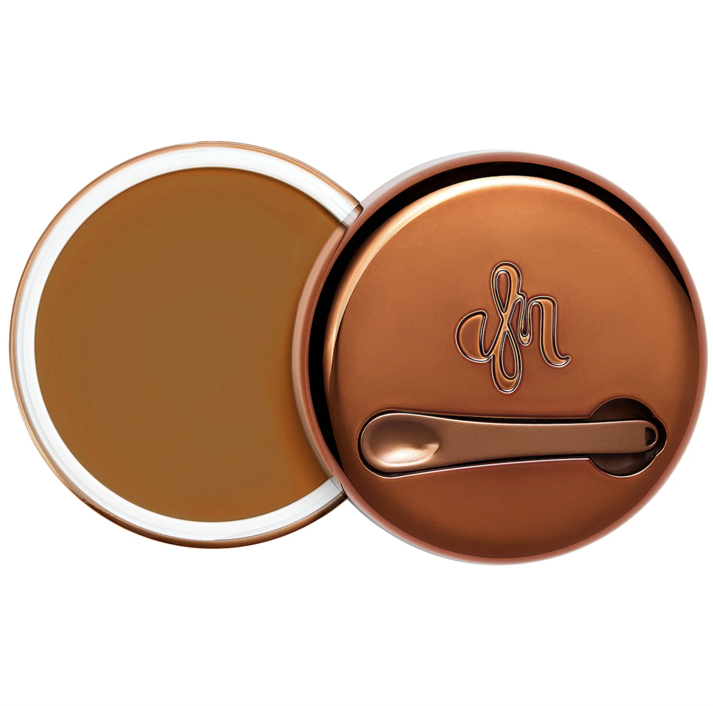 Danessa Myricks Beauty Yummy Skin Blurring Balm Powder in a sleek bronze compact, showing the smooth balm texture and the included application spatula