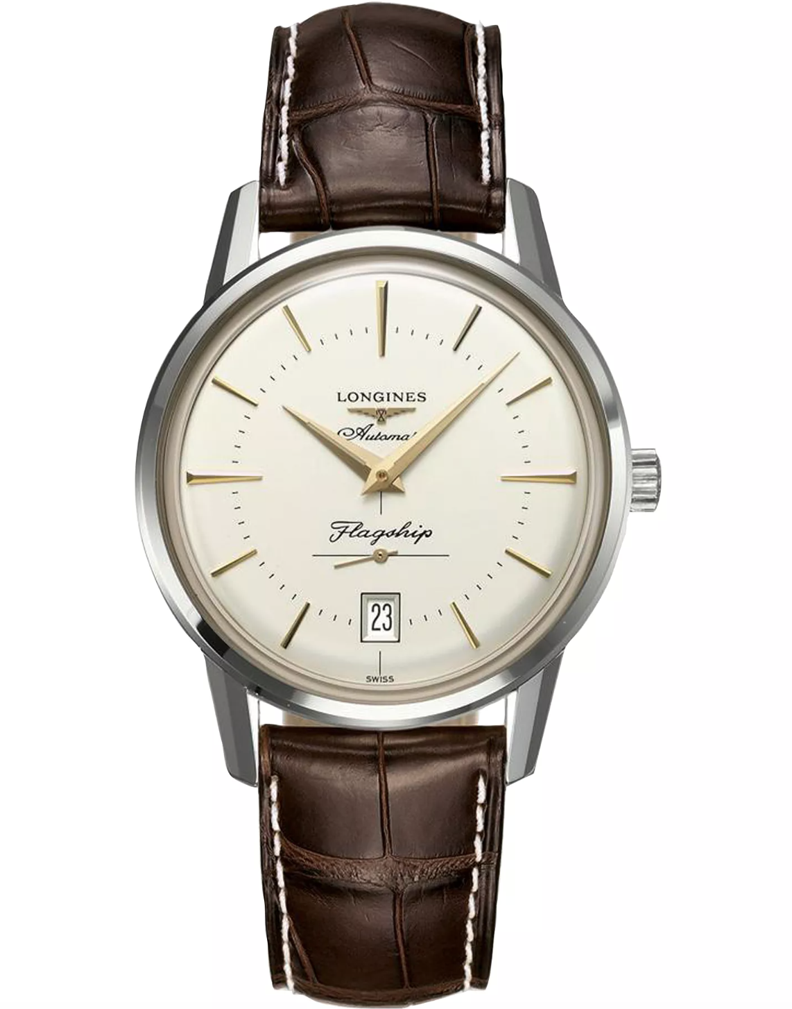 A close-up studio shot of a Longines Flagship Heritage Moonphase watch featuring a silver sunray dial, gold-tone hour markers