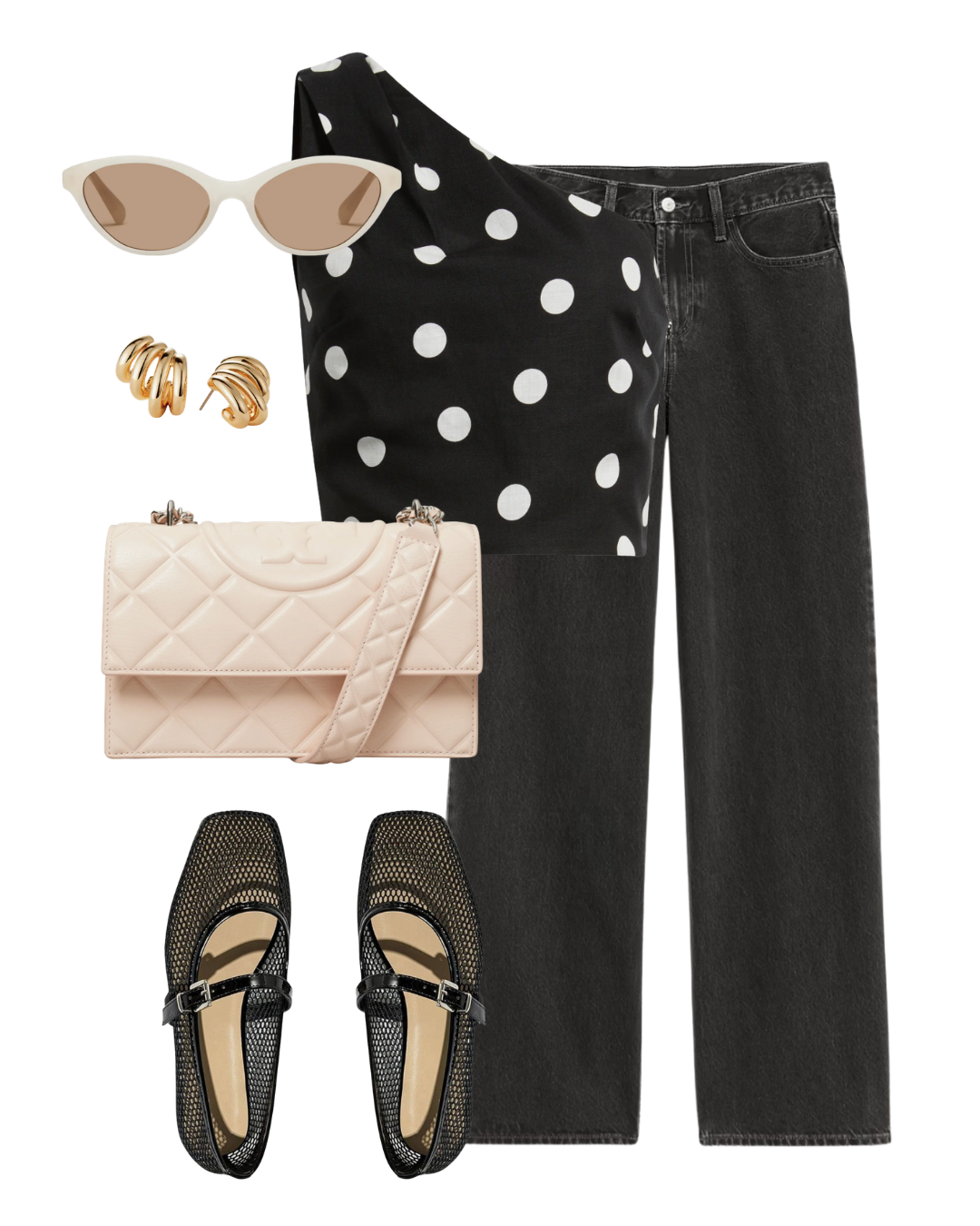 A flat-lay of a wearable summer outfit featuring wide-leg black jeans, a black and white polka-dot top, black mesh Mary Jane flats, and a quilted cream crossbody handbag.