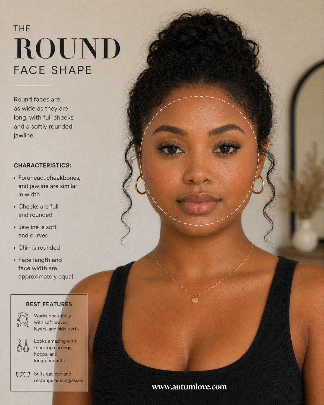An infographic detailing round face shape characteristics, featuring a woman with balanced facial width and length and a softly rounded jawline.