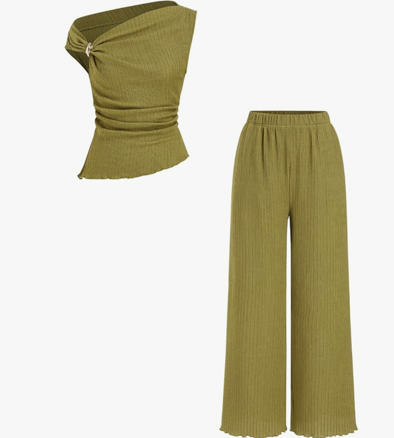 A CIDER green two-piece outfit featuring a one-shoulder sleeveless top with a gold metal ring detail and matching wide-leg trousers, perfect for a chic spring look.
