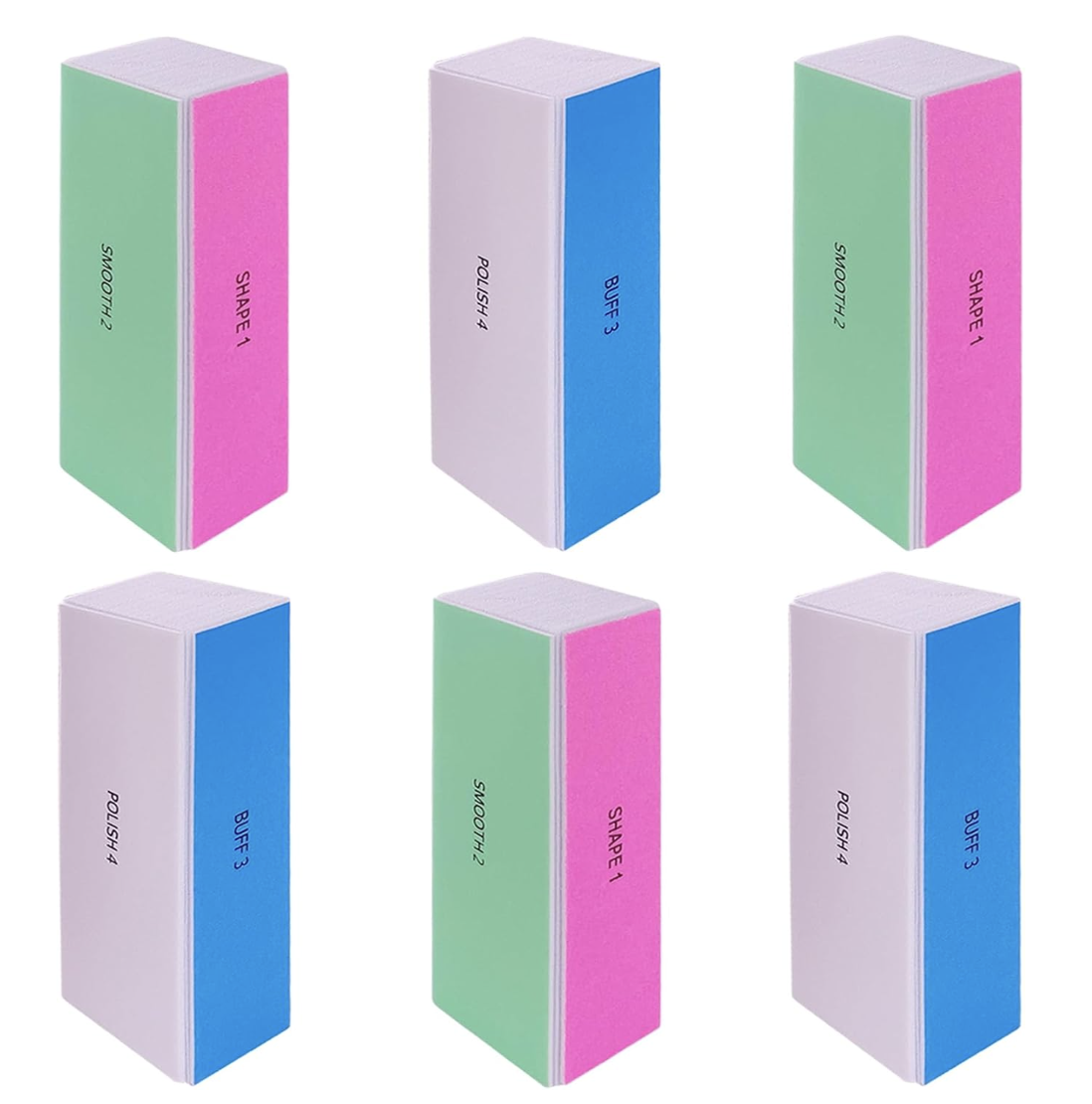 A set of 4-way nail buffer blocks with colorful sides labeled for shaping, smoothing, buffing, and polishing.