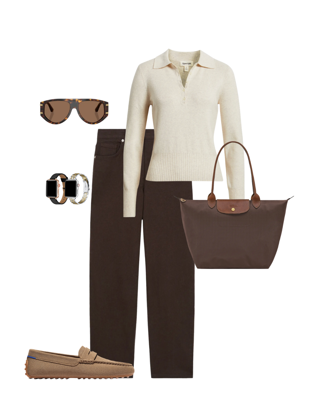 Brown straight-leg jeans with an oatmeal sweater and loafers