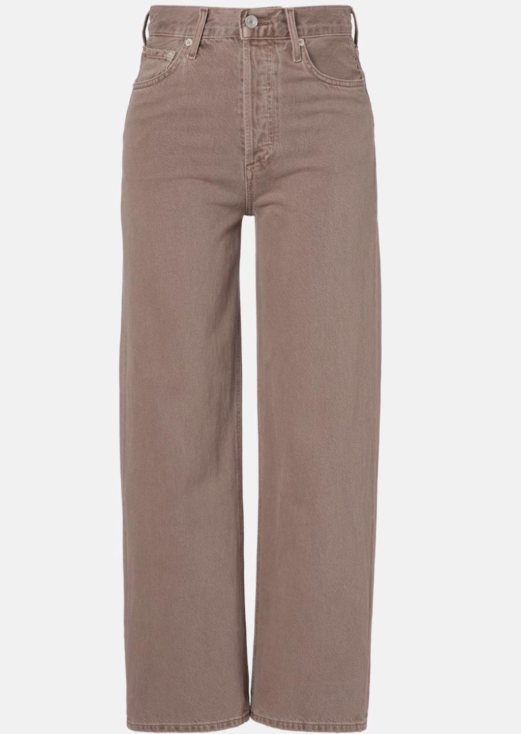 Model wearing AGOLDE Ren High Rise Wide Leg Jeans in a structured tan wash, highlighting the high 12-inch rise and architectural wide-leg fit that cinches the waist for an athletic or rectangle figure.