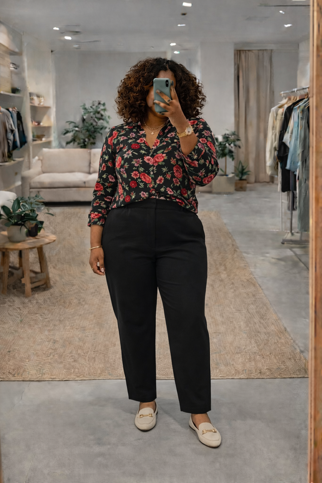Woman in a floral silk blouse and black chino pants with beige loafers for a school meeting.