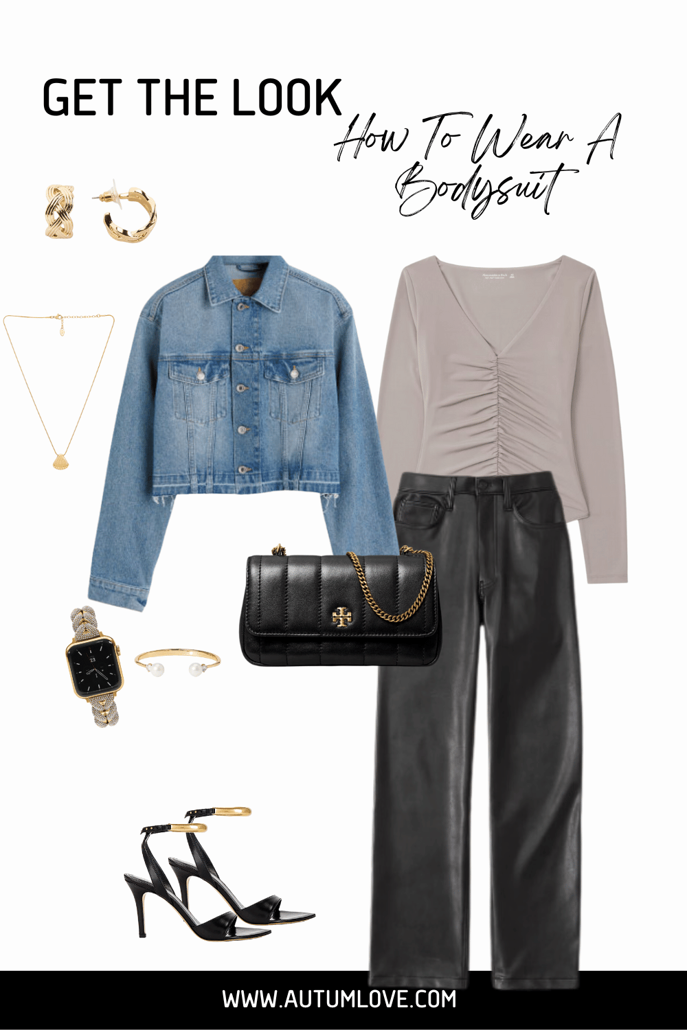 Styling a taupe ruched bodysuit with a cropped denim jacket and high-waisted black leather pants to create a smooth waistline and camouflage a big belly.