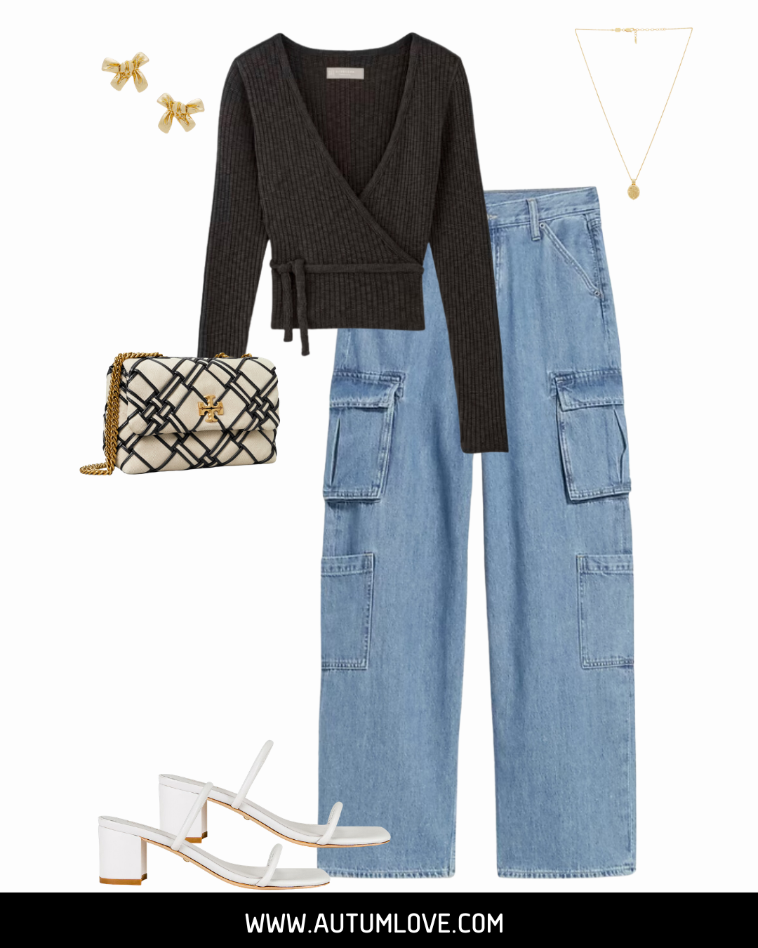 A flat-lay style infographic featuring high-waisted blue cargo jeans, a black wrap-front bodysuit, a checkered handbag, and white strappy heels, illustrating the high-rise reset hack to smooth a muffin top.