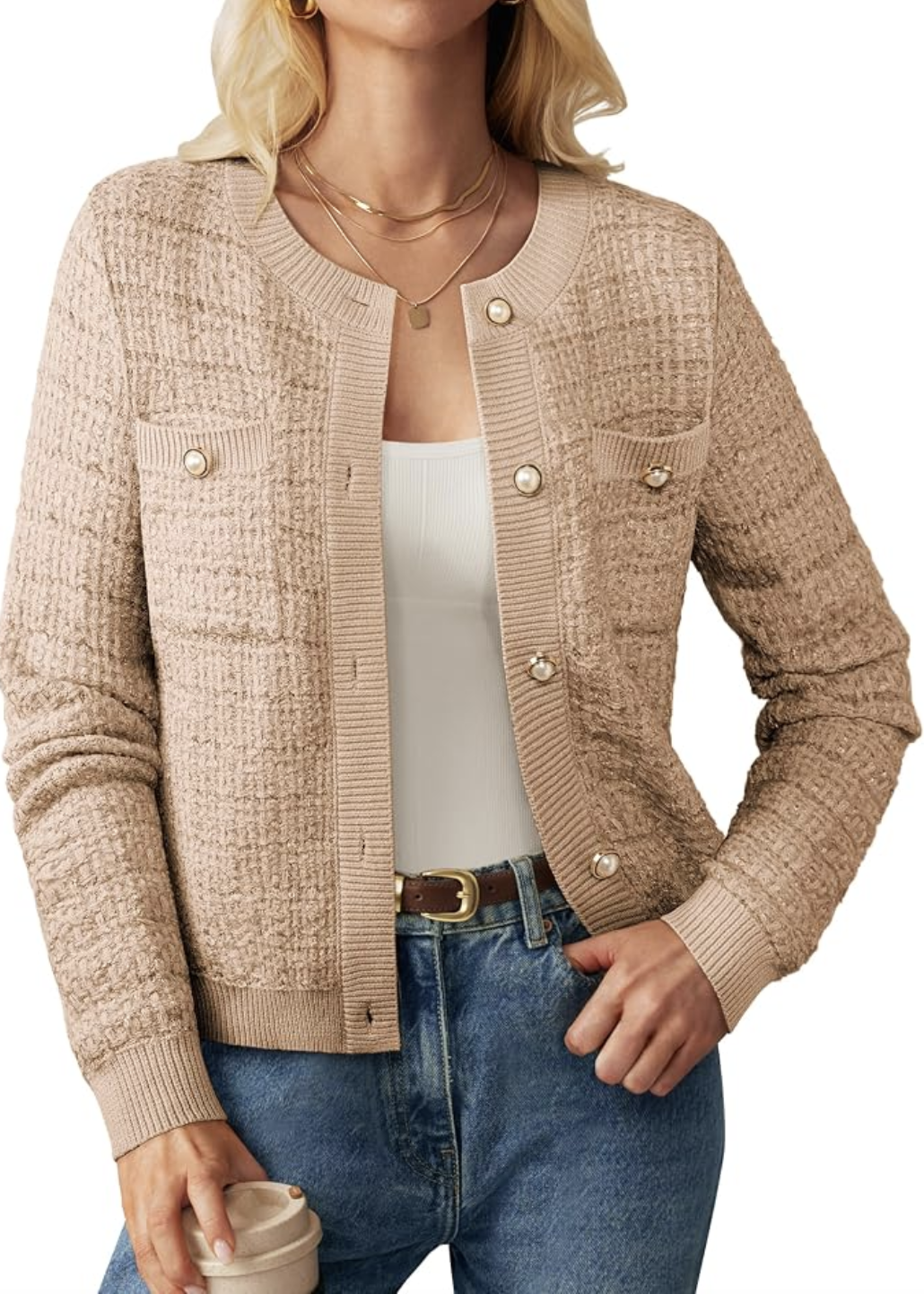 GRACE KARIN textured knit cardigan with a structured jacket-inspired shape.