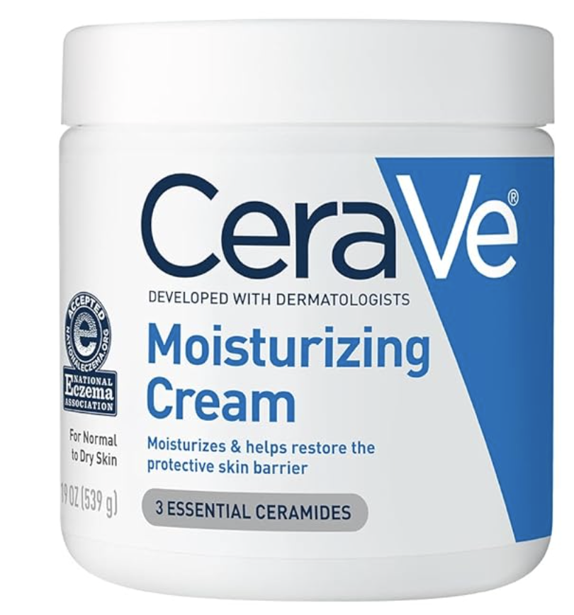 A tub of CeraVe Moisturizing Cream for normal to dry skin displayed with its distinctive blue and white packaging.