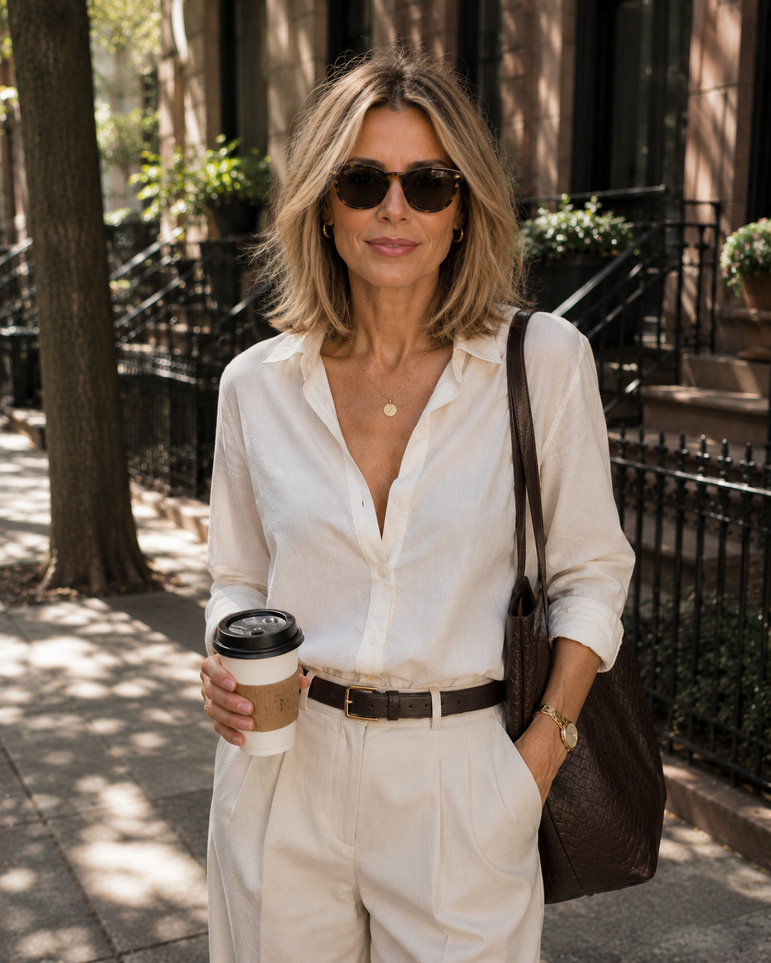 A chic woman over 50 with a modern layered lob haircut wearing a white button-down shirt, cream trousers, and sunglasses.
