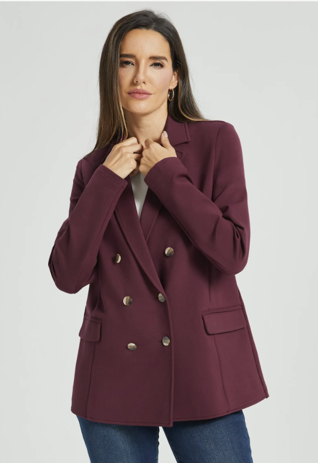 Betabrand plum purple double-breasted stretch ponte blazer with gold buttons