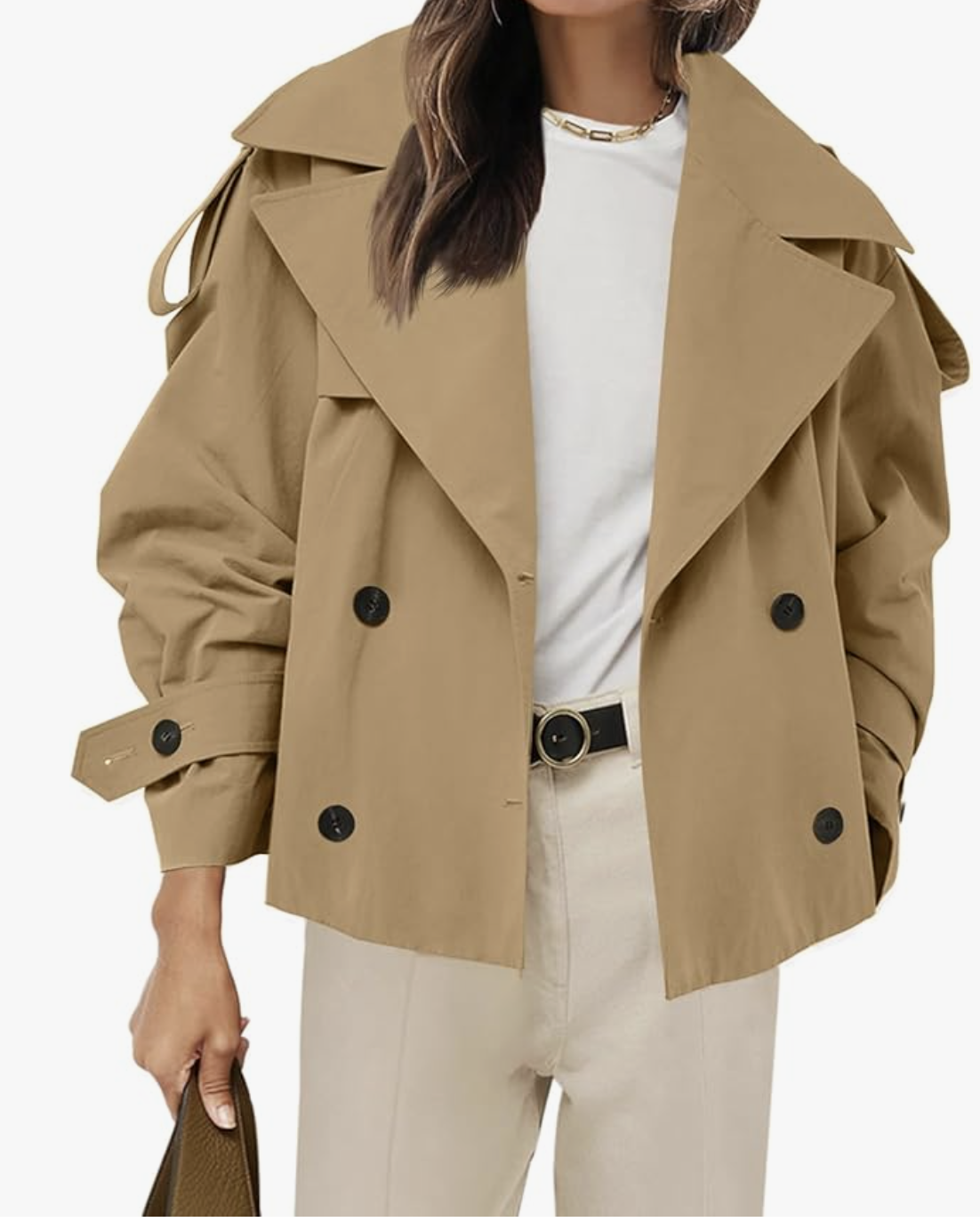 Front view of a cropped khaki trench coat featuring a wide collar, double-breasted buttons, and belted cuff details.
