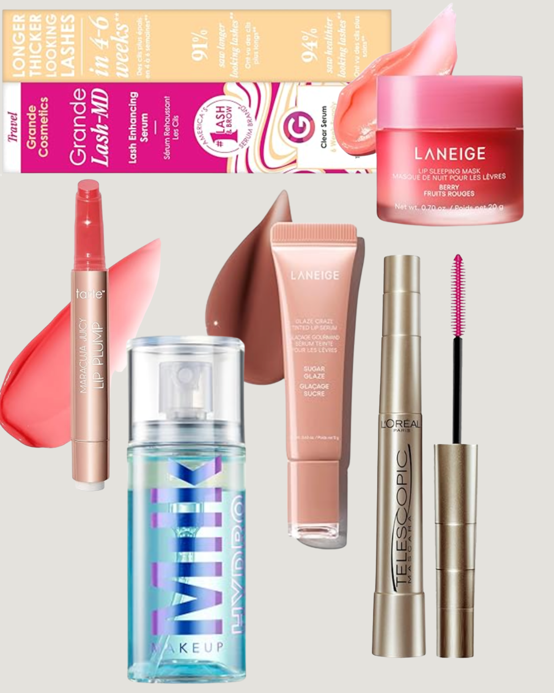 A curated flat lay of Amazon Prime Day beauty deals featuring a Milk Makeup setting spray, LANEIGE lip serum, tarte lip plump, and L'Oréal mascara.